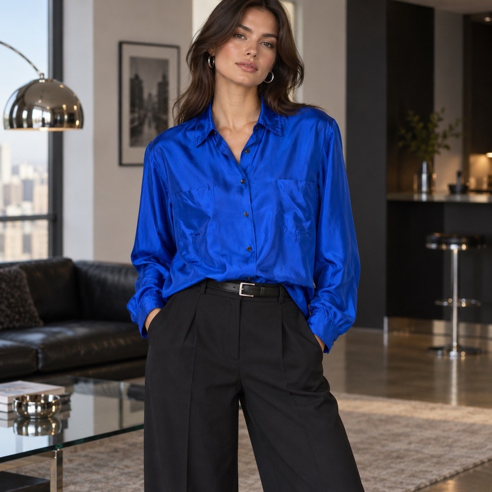 Bedford Fair Cobalt Blue Satin Button Down Blouse Size 10 Y2K Style
